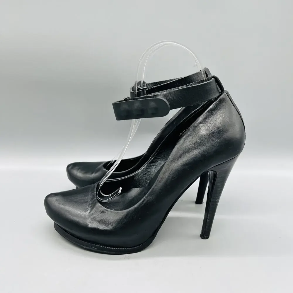 AllSaints Shoes Womens 7 Black Leather Ankle Strap Round Toe Stiletto Pumps